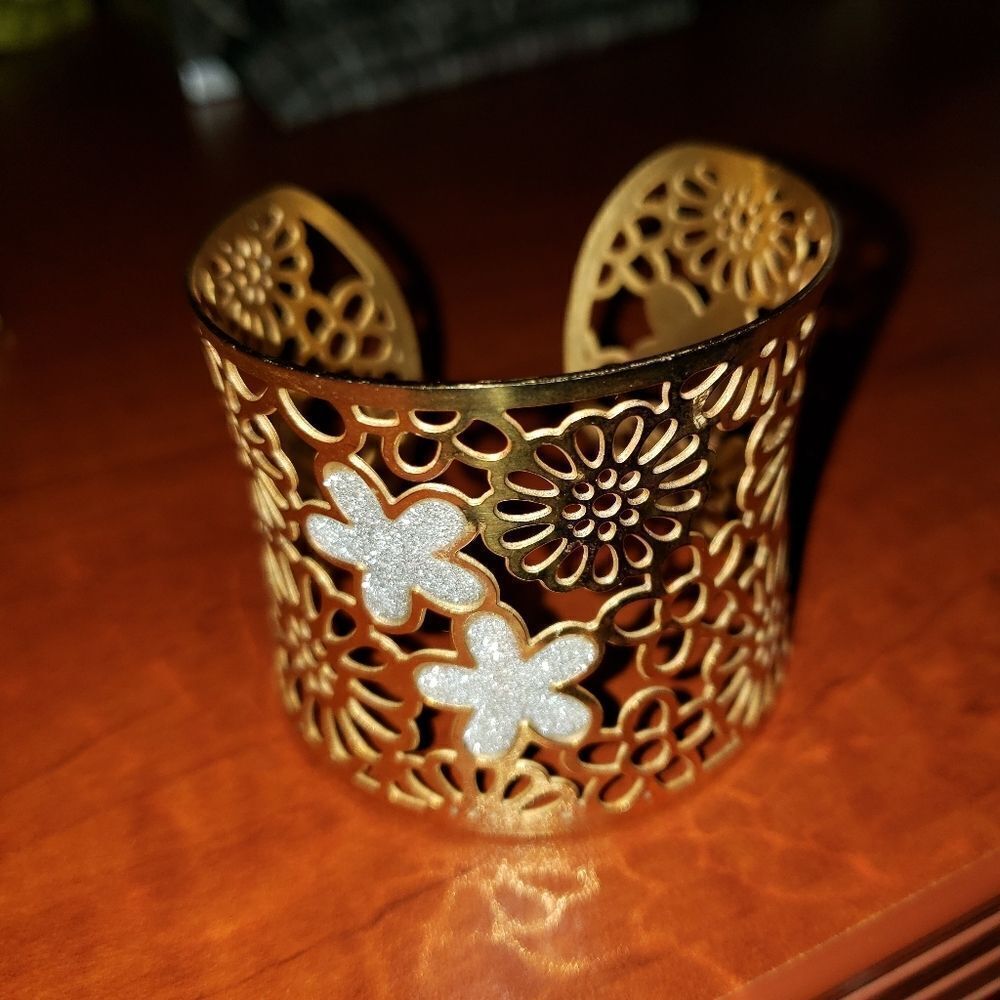 Gold And White Floral Cuff Bracelet